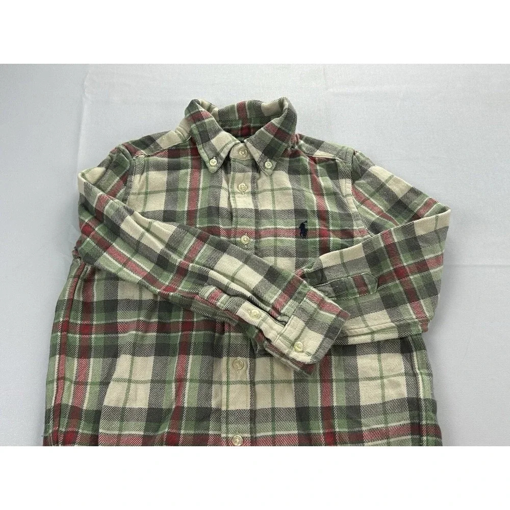 Ralph Lauren Boys Sz 5 Plaid Flannel Shirt Green Red Cotton Button Down Holiday